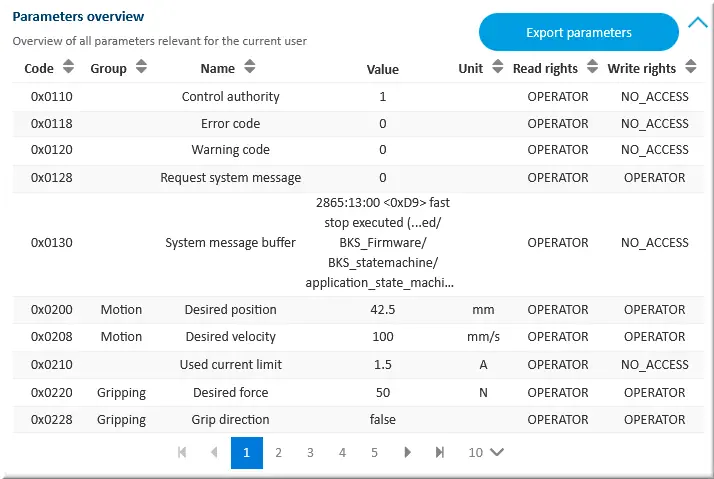 menu Parameters overview